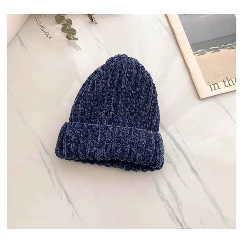 navy blue color new corduroy knitted wool hat winter woman's beanies Double thick warm Cold-resistant bean hat Super soft Solid material - Цвет: navy blue color