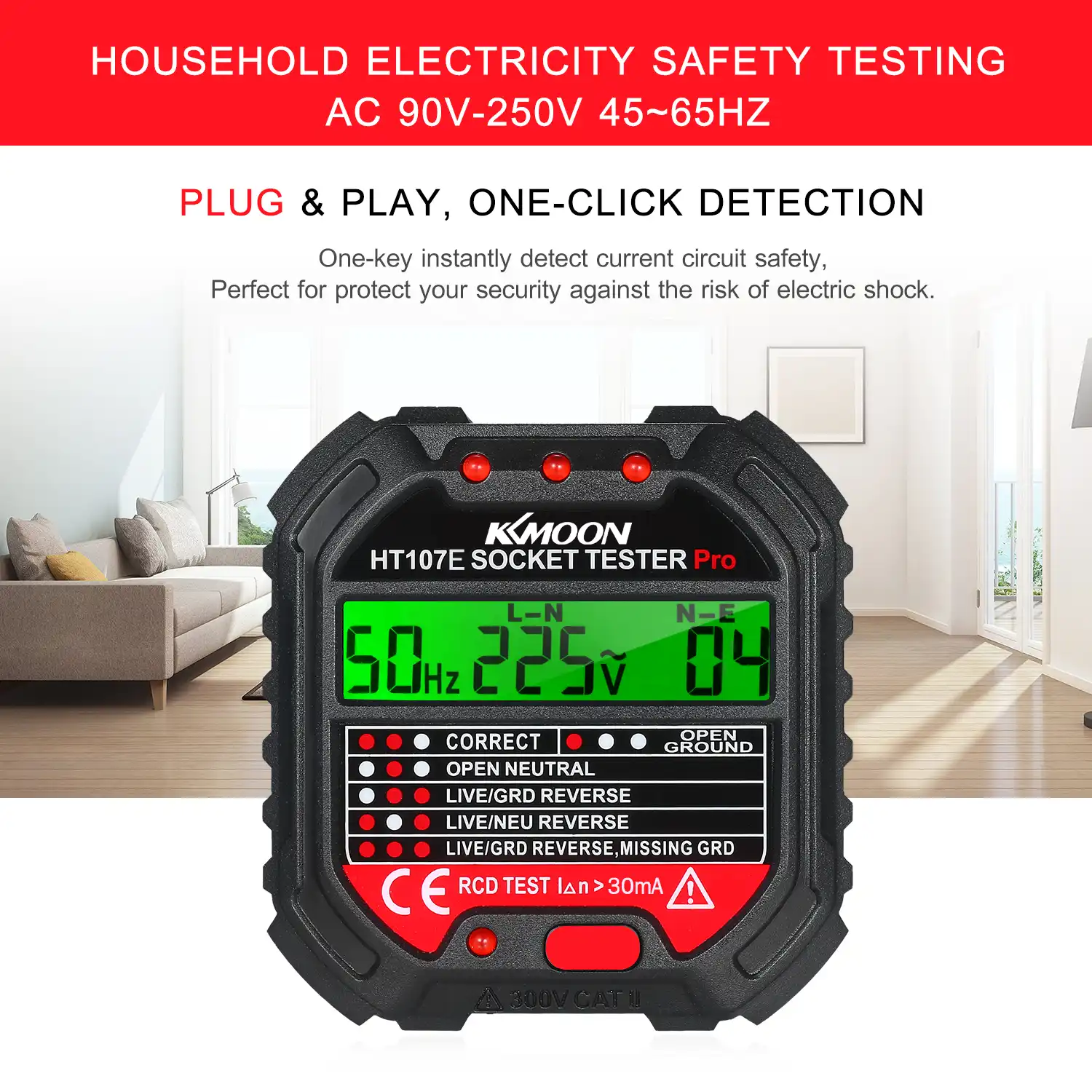 HT107E Socket Tester LCD Circuit Polarity Voltage Detector UK Plug 90‑250V New