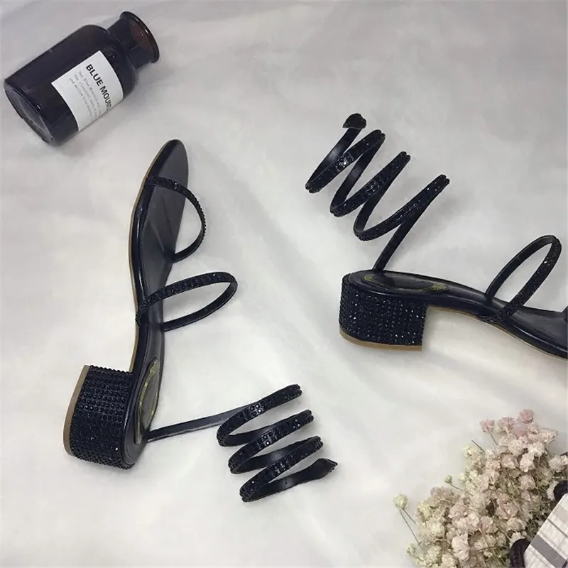 Narrow Two Strap Sandals Women Open Toe Chunky Med Square Heel Party Shoes Bling Crystal Sandalias Sexy Summer Sandals Women