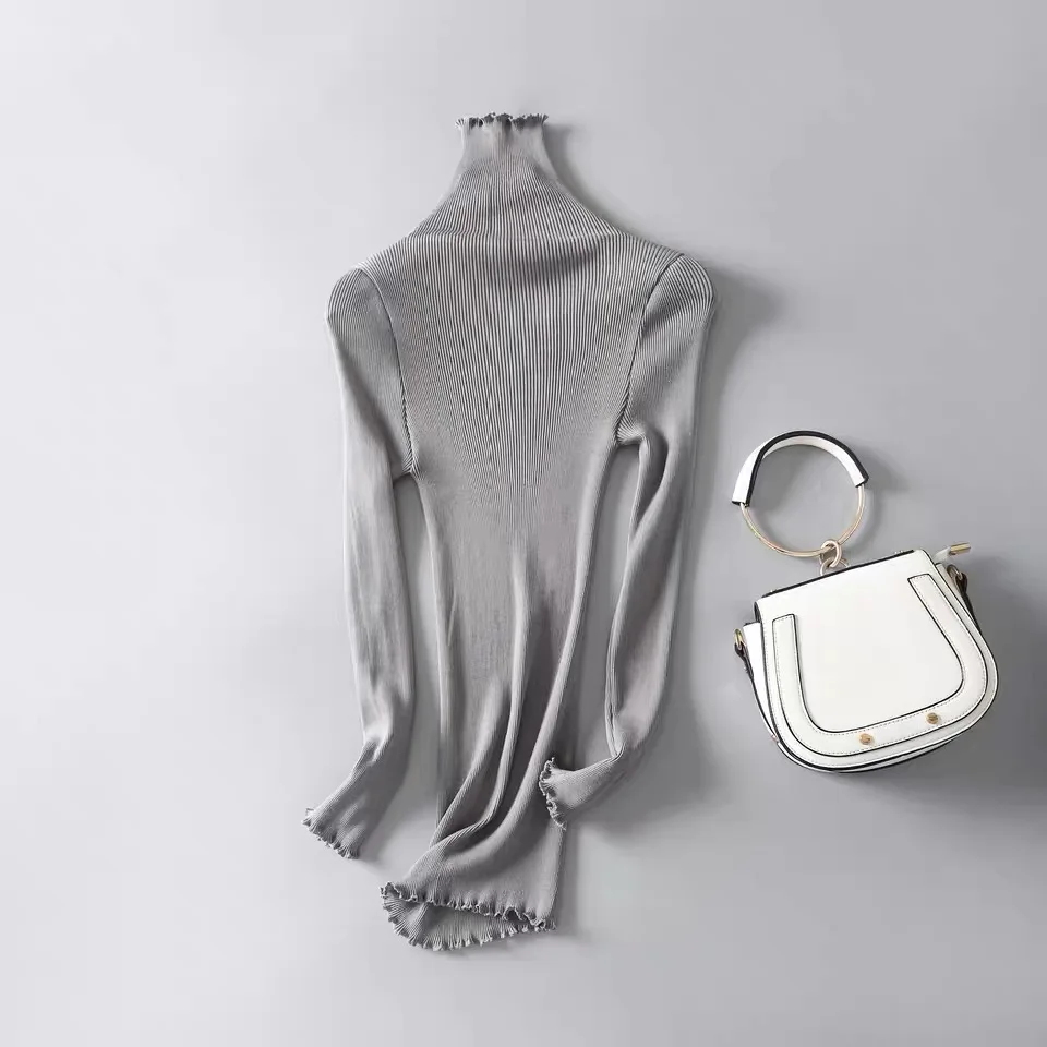 light gray 80% шелк, 20% хлопок, эластичная трикотажная Базовая рубашка с длинным рукавом и высоким воротником, SG311 - Цвет: light gray