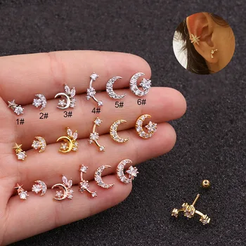 

1pc Silver Color Moon CZ Crystal Piercing Star Geometric Cartilage Earring Conch Tragus Stud Helix Cartilage Piercing Jewelry