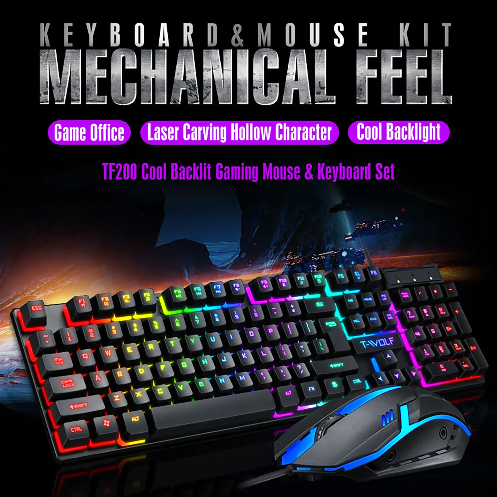 Fashion TF200 Rainbow Backlight Usb Ergonomic Gaming Keyboard and Mouse Set Gaming keyboard Wired Gaming Mouse Kit 104 Keycaps
