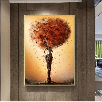 

Abstract African Tree Black Girl Colored Leaves Hair Poster Printing Oil Painting Wall Pictures for Living Room Frameless Mirror