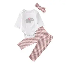 Одежда для маленьких девочек; Одежда для новорожденных от 0 до 12 месяцев и принтом «слон» для топы+штаны в полоску+ повязки; Одежда наборы из 3 предметов