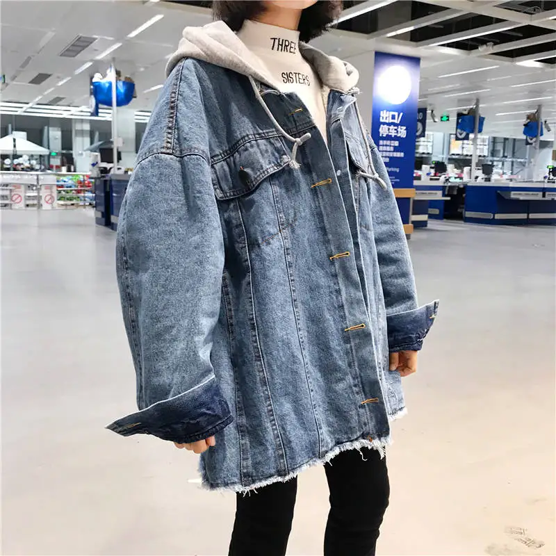 

Harajuk Denim Jacket Loose Women Jackets Hooded Tops Cowboy Coat Blue Long Sleeve Outwear Women Clothes