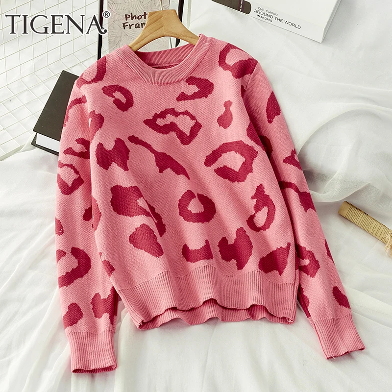 TIGENA Beautiful Pink Leopard Short Pullover and Sweater Women 2020 Fall Winter Korean Elastic Knitted Jumper Female Knitwear | Женская