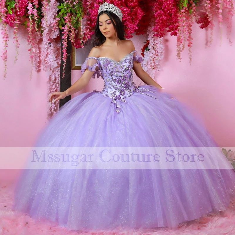 

2021 Purple Quinceanera Dresses Beading Off Shoulder Sweetheart Applique Formal Pageant Ball Gown for Girls Vestidos De Anos