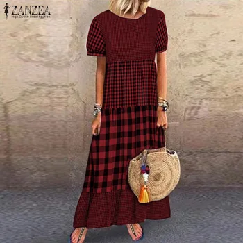 

Women's Stitching Check Sundress Kaftan Dress ZANZEA 2020 Fashion Casual Short Sleeve Tunic Vestidos Female Summer Robe Oversize