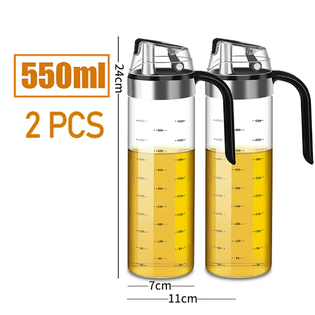 Large Olive Oil Dispenser Bottle Auto Flip Condiment Container Automatic Cap and Leakproof Vinegar Glass Cruet 550ML 2pcs