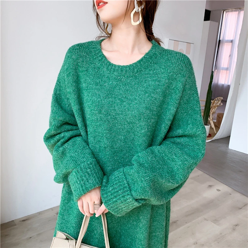 DEAT New Round Neck Full Sleeves Knits Pullover Loose Long Big Size Cashmere Female Sweater Dress 19F-a150-02