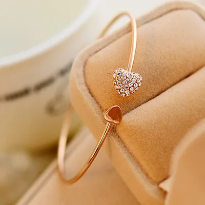 

Hot New Fashion Adjustable Crystal Double Heart Bow Bilezik Cuff Opening Bracelet For Women Jewelry Gift Mujer Pulseras