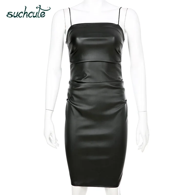 black SUCHCUTE Spaghetti Straps Pu Leather Dress Women Modies Autumn Ladies Sukienki Female Dresses Roupas Feminina Party Night - Цвет: black