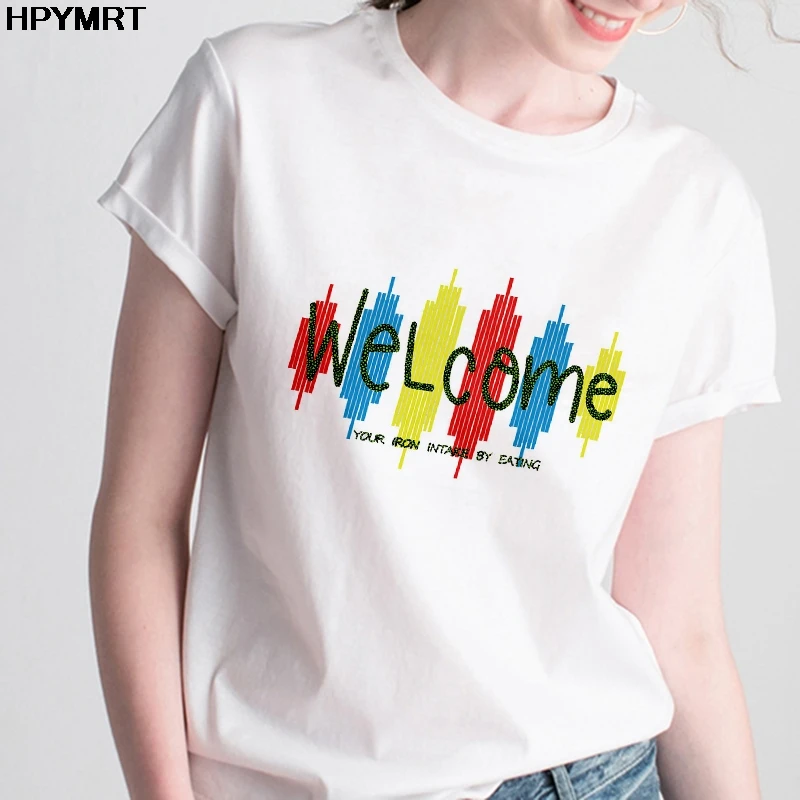 

New Summer T-shirt Fashion Welcome Letter Printing T Shirts Women Harajuku Casual Tshirt Female Cute Loose Clothing Tops Tee