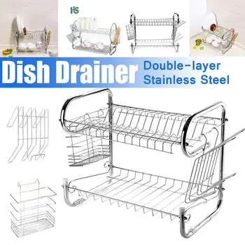

2 Layer Dish Drainer Stainless Steel Kitchen Cutlery Drain Rack Utensils Storage Organizer Dishes Bowl Plate Organization Shelf