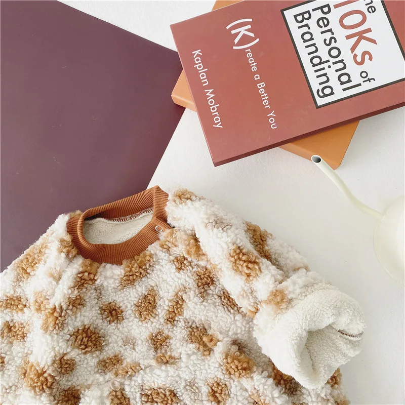 Children Winter New Boys and Girls Lamb Wool with Plush Thickened Leopard Pullover Round Neck Sweater Newborn Kids Hooded