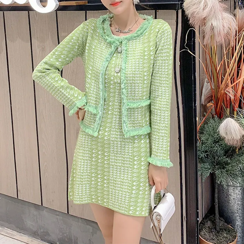 

New Autumn Runway Tweed 2 Piece Set Dress Designer Winter Women Short Wool Jacket Coat + Mini Tank Tassel Wool Blend Dress Suits
