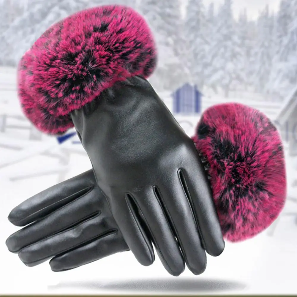 Touch Screen Gloves PU Leather Women Gloves Waterproof Rabbit Fur Thick Warm Spring Winter Gloves Christmas Gifts J3