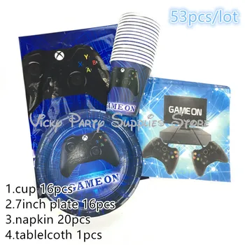 

53pcs/lot Blue Game on Party Disposable Tableware Set Game Party Kids Bithday Baby Shower Plate Cup Party Decoration Supplies