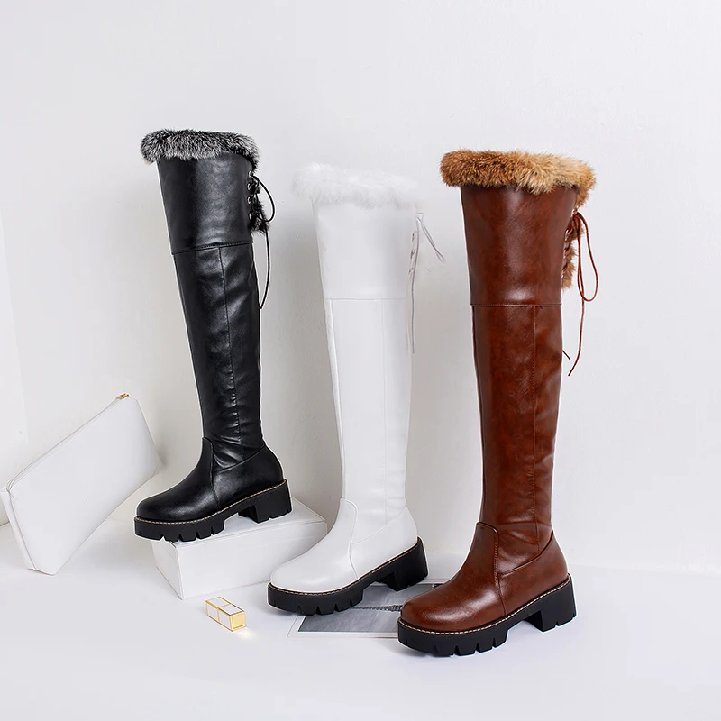 Женские ботфорты на низком каблуке; зимние сапоги из искусственного меха; женские черные кожаные сапоги выше колена; длинные зимние теплые сапоги; k831