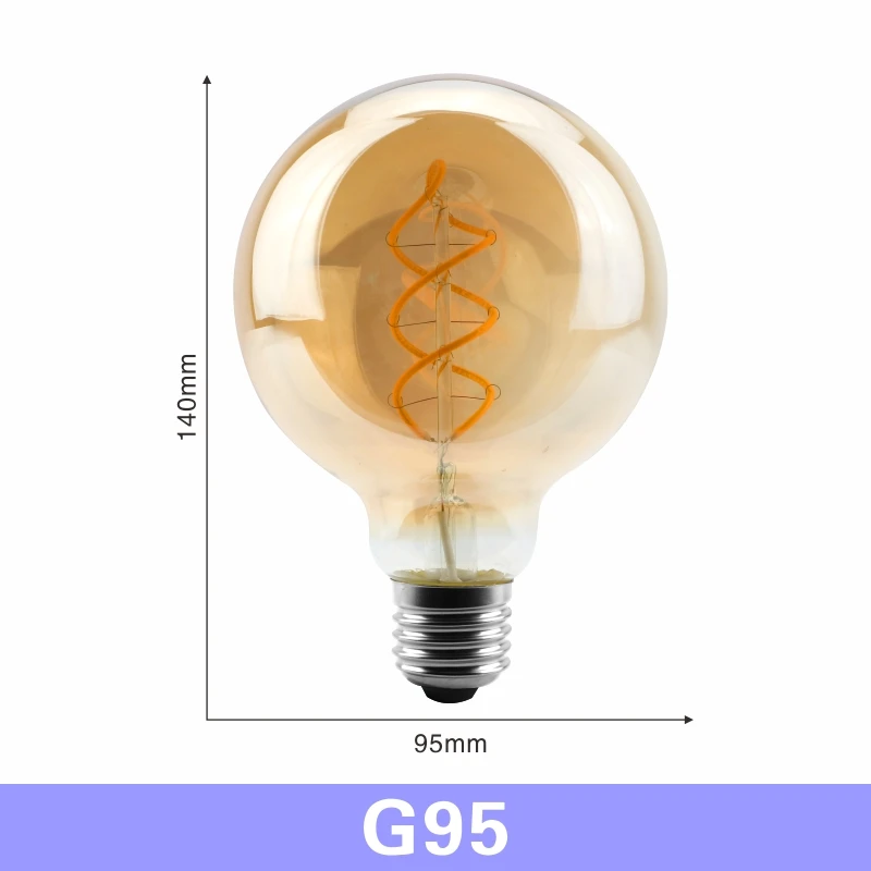 LARZI ретро Спираль нити светодиодный лампы G80 G95 G125 4 Вт E27 220V затемнения Эдисон лампы 2200K теплый желтый светодиодный светильник - Цвет: G95