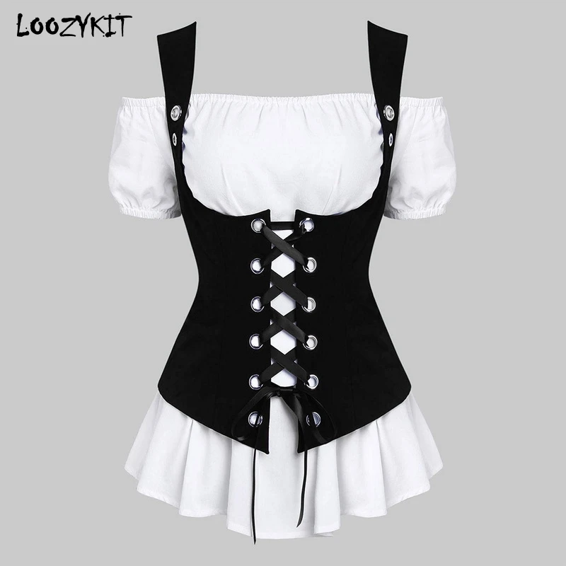 

LOOZYKIT 2019 Women Workout Fitness Waist Trainer Renaissance Lace Up Retro Bustier Corset Overbust Corset 2 Pieces Tops Female