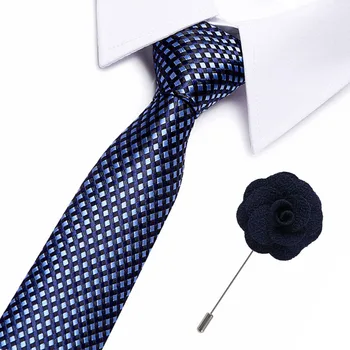 

New Mens 100% Silk Necktie Pin set Bright Check Artificial Skinny Ties Men business 7.5cm width Tie Designer Cravat