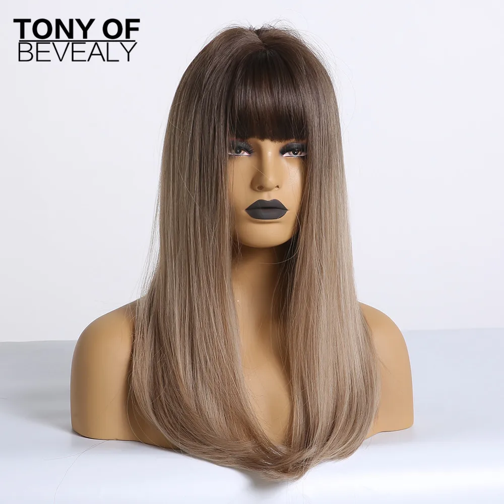 Long Straight Brown Wigs With Bangs Natural Synthetic Wigs for Women African American Cosplay Wigs Heat Resistant Fiber - Цвет: lc201-2