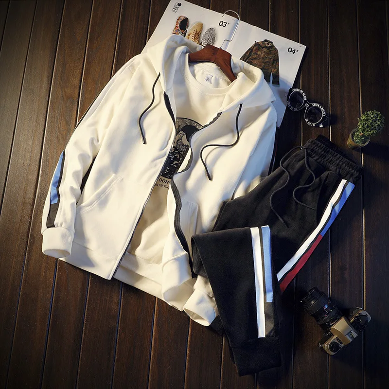 Мужская спортивная куртка для отдыха, брюки, комплект из 2 предметов, спортивные костюмы, бархатная спортивная одежда, спортивные костюмы для мужчин, Свободный теплый мягкий спортивный костюм большого размера - Цвет: Creamy-white
