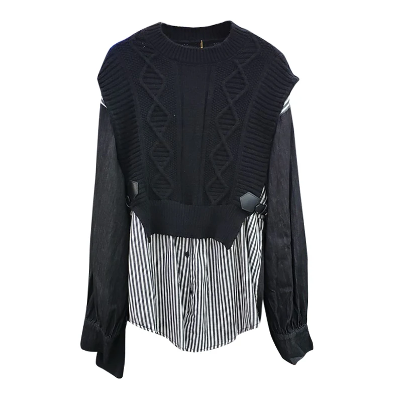 GALCAUR Patchwork Striped Shirt For Women O Neck