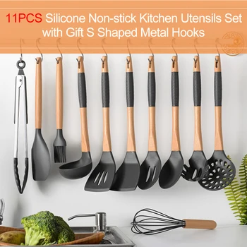 

Silicone Kitchen Tools Set Cooking Tools Utensils Set Spatula Shovel Soup Spoon with Wooden Handle Special Heat-resistant Design