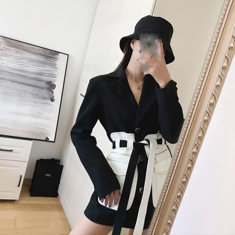 Elegant Women Blazer Coat Notched Patchwork Long Sleeve Suit Jacket Belt Female Fashion Slim Blazer Jacket Ol Style Blazer