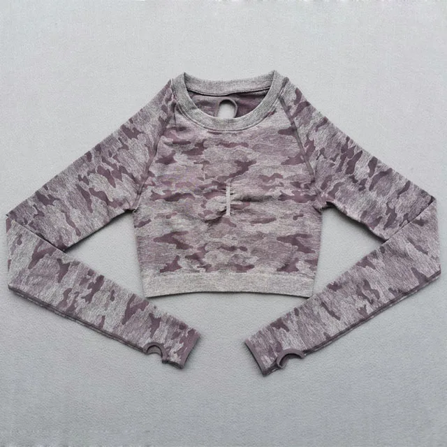 Women Camouflage Yoga Set Gym Workout Clothes Long Sleeve Fitness Crop Top High Waist Seamless Camo Leggings 2Pcs Sports Suit - Цвет: Purple top