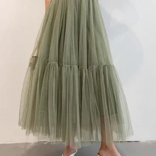 Весна Зима армейский зеленый длинный сетчатый Многоуровневая Офисная Женская юбка винтажная многослойная плиссированная пляжная дорожная Высокая уличная эластичная юбка с поясом