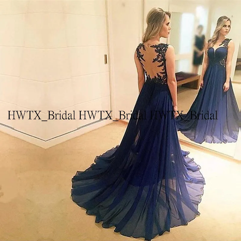 HWTX_Bridal, Элегантное Длинное платье для выпускного вечера,, без рукавов, прозрачная спина, Королевский синий шифон, а-силуэт, официальное вечернее платье, платье