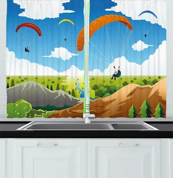 

Cartoon Kitchen Window Curtains Parachute Landscape Mountain River Clouds Palm Trees Kids Nursery Image Landscape Window