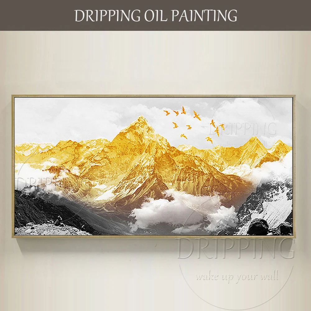 

Artist Pure Hand-painted Abstract Gold Hills Landscape Acrylic Painting Abstract Golden Birds and Mountains Acrylic Painting