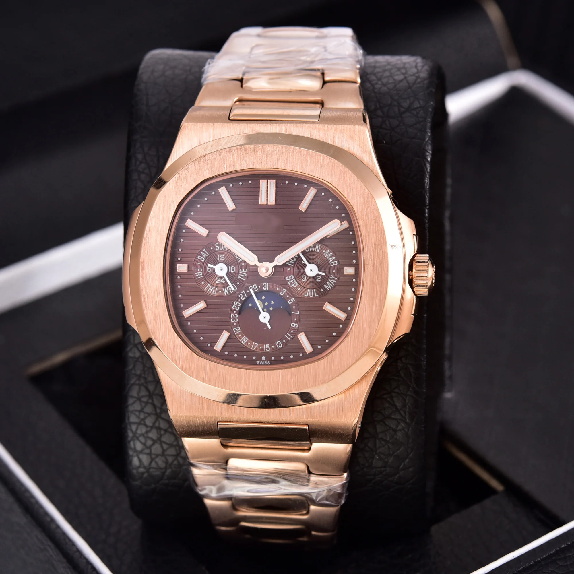 Многофункциональные автоматические мужские часы стальной чехол цвета розового