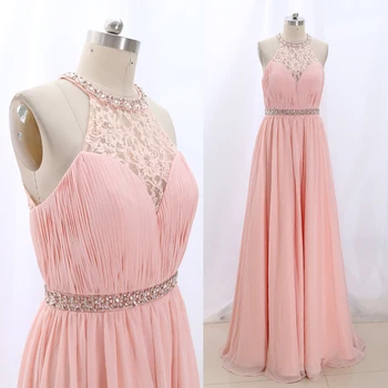 

MACloth Dusty Rose Sheath Halter Floor-Length Long Crystal Chiffon Prom Dresses Dress L 269176 Clearance