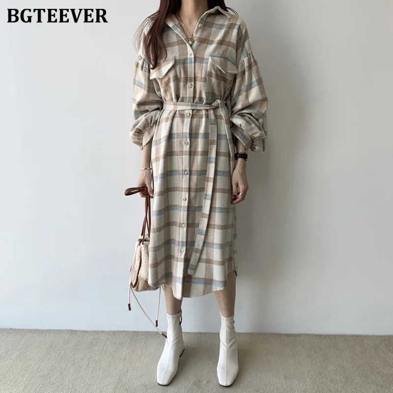 

BGTEEVER Vintage Plaid Lace Up Women Dress Turn-down Collar Full Sleeve Female Long Dress Single-breasted Winter Vestidos 2019