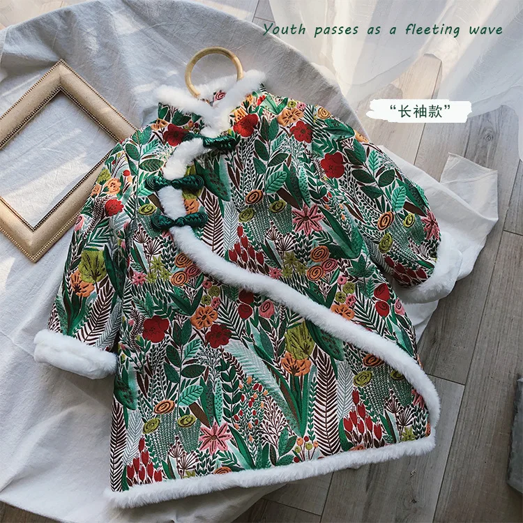 Китайский стиль стиль Мода Цветочный теплый cheongsam Зима мягкий флис утолщаются стеганые ручная Пряжка Платье