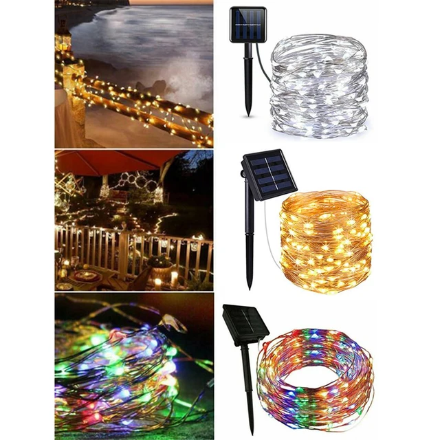 Tira de luz solar de 10 m, 100 luces, impermeable IP65, para exteriores,  LED, con alambre de cobre, para fiestas, jardín, patio, hogar, boda,  Navidad