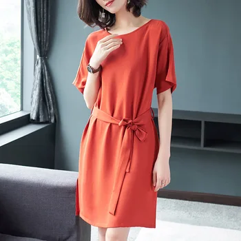 

orange chiffon silk dresses women 2020 summer long casual office work beach party dress plus size loose fashion belt dropship