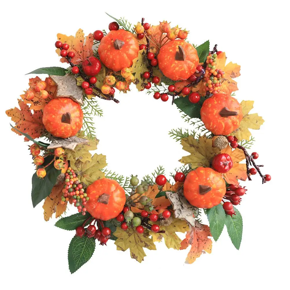 

2020 Christmas Wreath Decorations 22 inch Artificial Fall Wreath Fall Maple Leaves,Pumpkins with Berries for Front Door Fall #SW