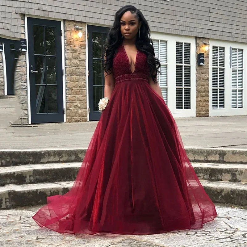 

SoDigne Tull Dubai Evening Dresses Sexy V Neck Sequin A line Beads Burgundy Prom Dress Special occasion dresses