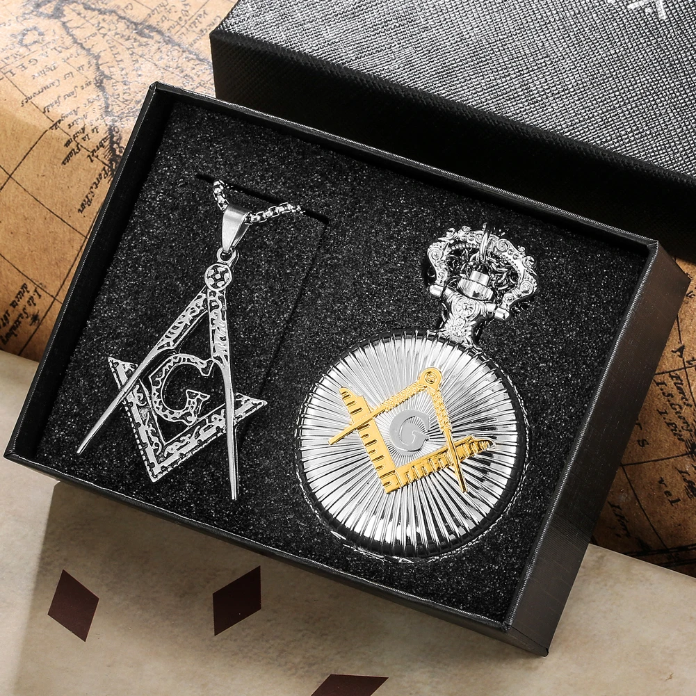 Silver Masonic Pocket Watch Set Men's Quartz Pendant Pocket Clock Exquisite Necklace Pendant Perfect Gift With Box for Boyfriend