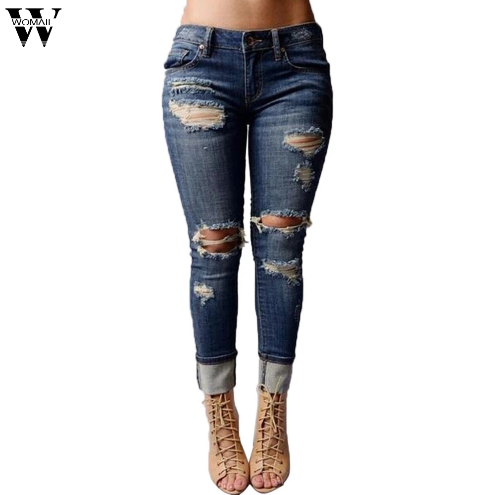 

Womail Mid Waisted Denim Jeans Women's Pencil Pant Stretch Slim Pants Cotton Light Wash Jeans With Hole Skinny Cotton Pant AG22