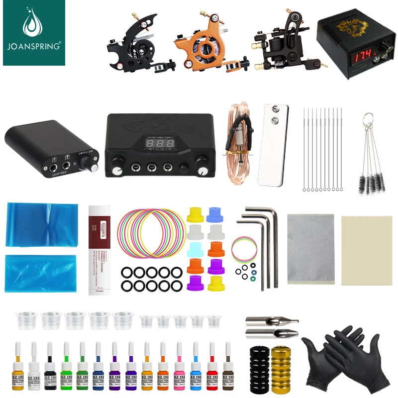 Photo Product Complete Tattoo Kit Tattoo Machine Power Supply Tattoo Set Grips Needles Tips Coils Guns Black Inks Pigment Set For Beginners