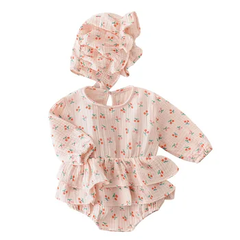 

WLG Girls Rompers Baby Clothes Spring Autumn Yellow Pink Cherry Printed Ruffle Romper with Hat Toddler Cute Clothes for 6-18M