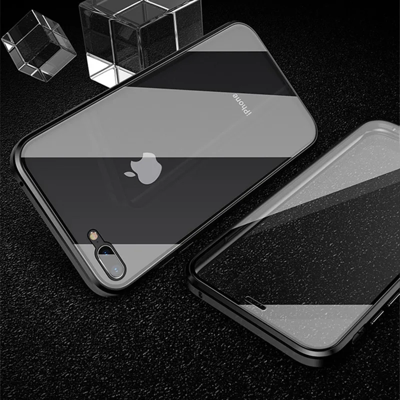 Магнитная Адсорбция металлический чехол для iPhone X 7 8 плюс Двусторонняя закаленное Стекло задний Чехол на магните для iPhone 6 6s X XS Max чехол