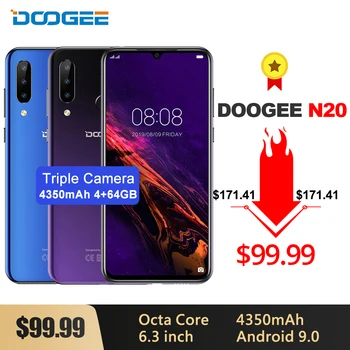 DOOGEE N20 Mobilephone Fingerprint 6.3 inch FHD+ Display 16MP Triple Back Camera 64GB 4GB MT6763 Octa Core 4350mAh LTE Cellphone